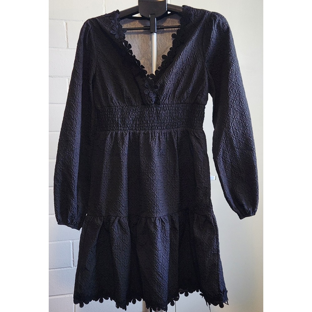 SHEIN Black Textured Smocked Mini Dress Floral Lace Trim Long Sleeve V-Neck M 6